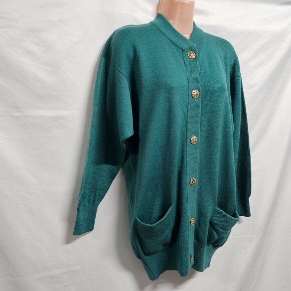 l. Magnin by Ballantyne Button Up Cardigan Sweater Women Size M Green Pure Wool - Picture 12 of 14